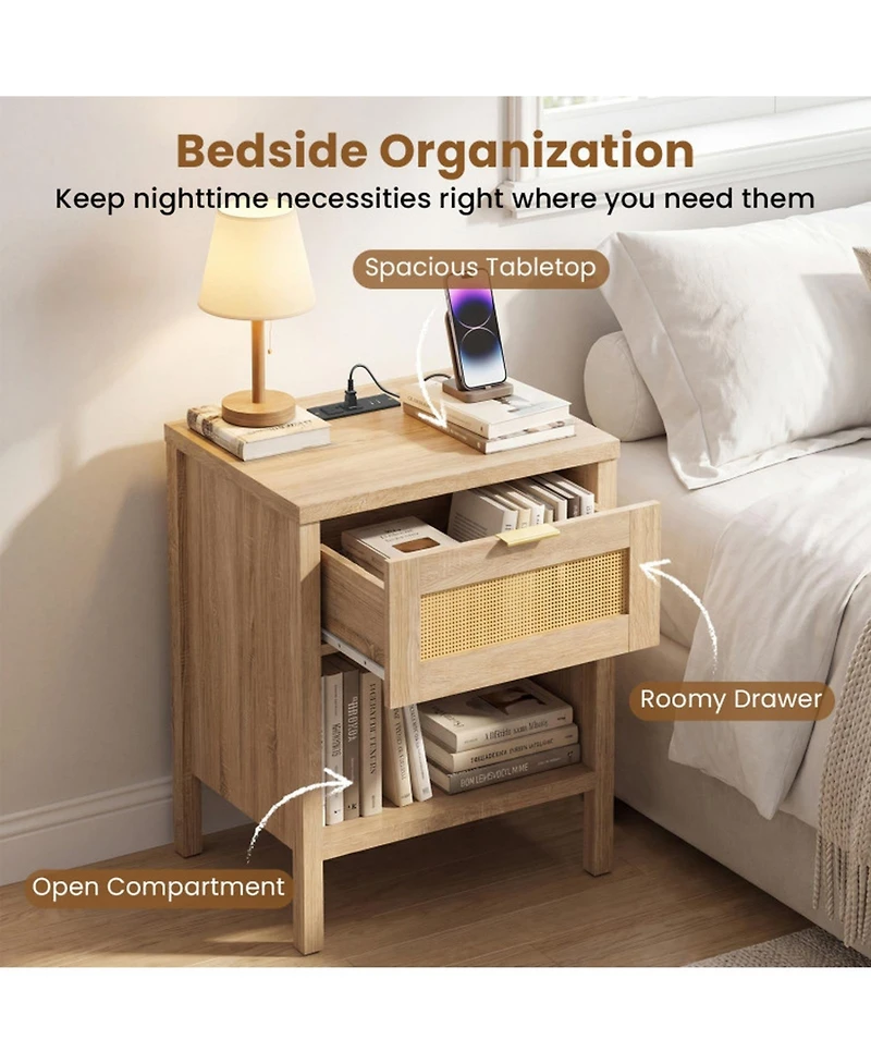 Sugift Rattan Nightstand with Charging Station Drawer and Storage Shelf for Bedroom