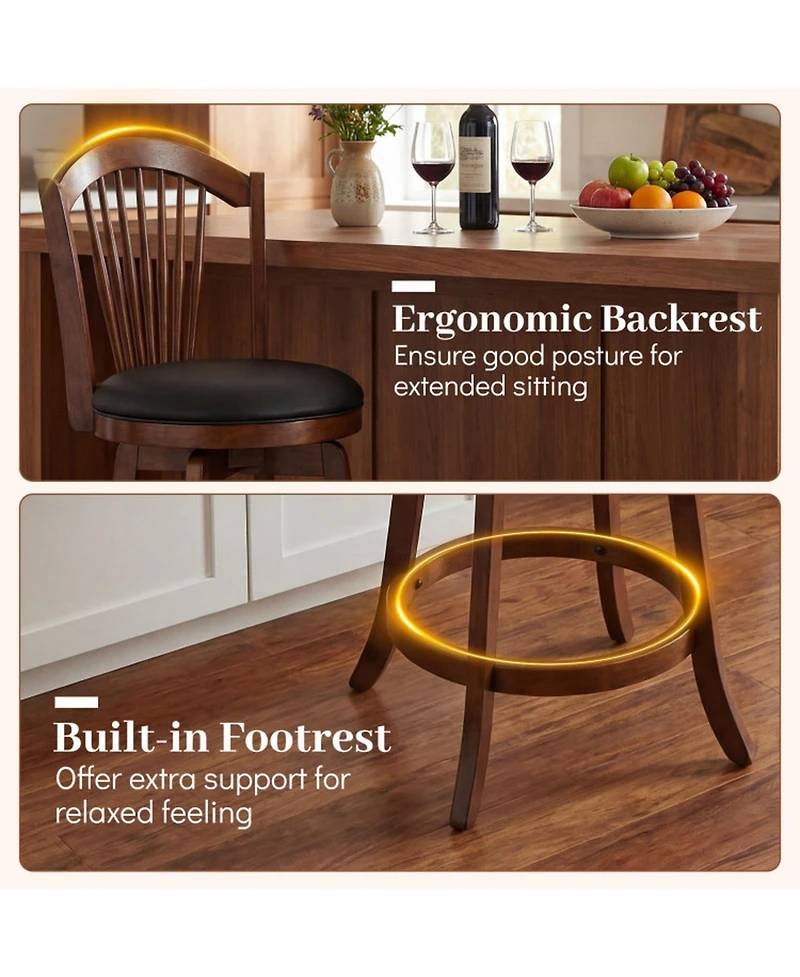 Sugift 24 Inch Swivel Bar Stools with Backrests and Wood Frame for Kitchen Island