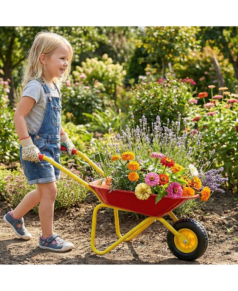 Hongge Kids Metal Wheelbarrow with All-Terrain Wheels and Anti-Slip Handles, Ages 3+