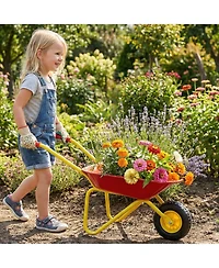 Hongge Kids Metal Wheelbarrow with All-Terrain Wheels and Anti-Slip Handles, Ages 3+