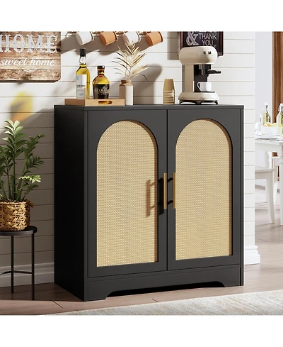homfan Modern Rattan Sideboard, Wooden Console with Metal Handles, Decor Doors, Interior Shelf, Anti-Tip Device, Storage for Dining, Kitchen
