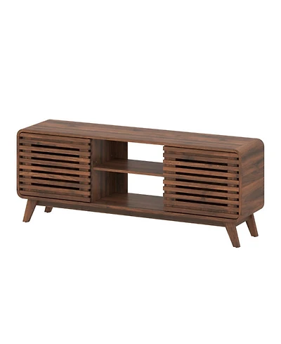 Sugift Mid Century Modern Entertainment Center with Grille-Style Sliding Doors for Living Room