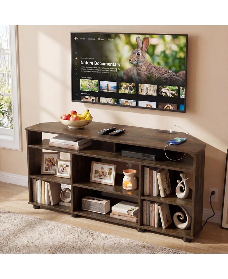 Sugift Corner Tv Stand for TVs up to 55 in with Charging Station and Space-Saving Design