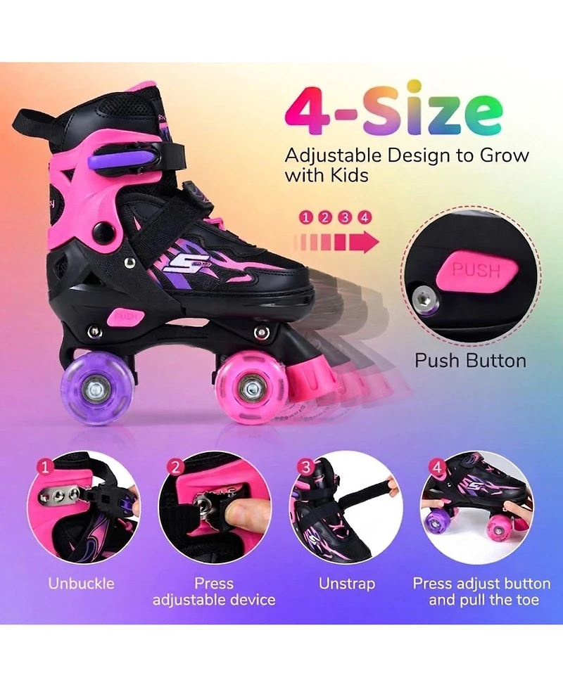 Sugift Kids Adjustable Quad Roller Skates 4 Sizes with Light-up Wheels for Girls Boys
