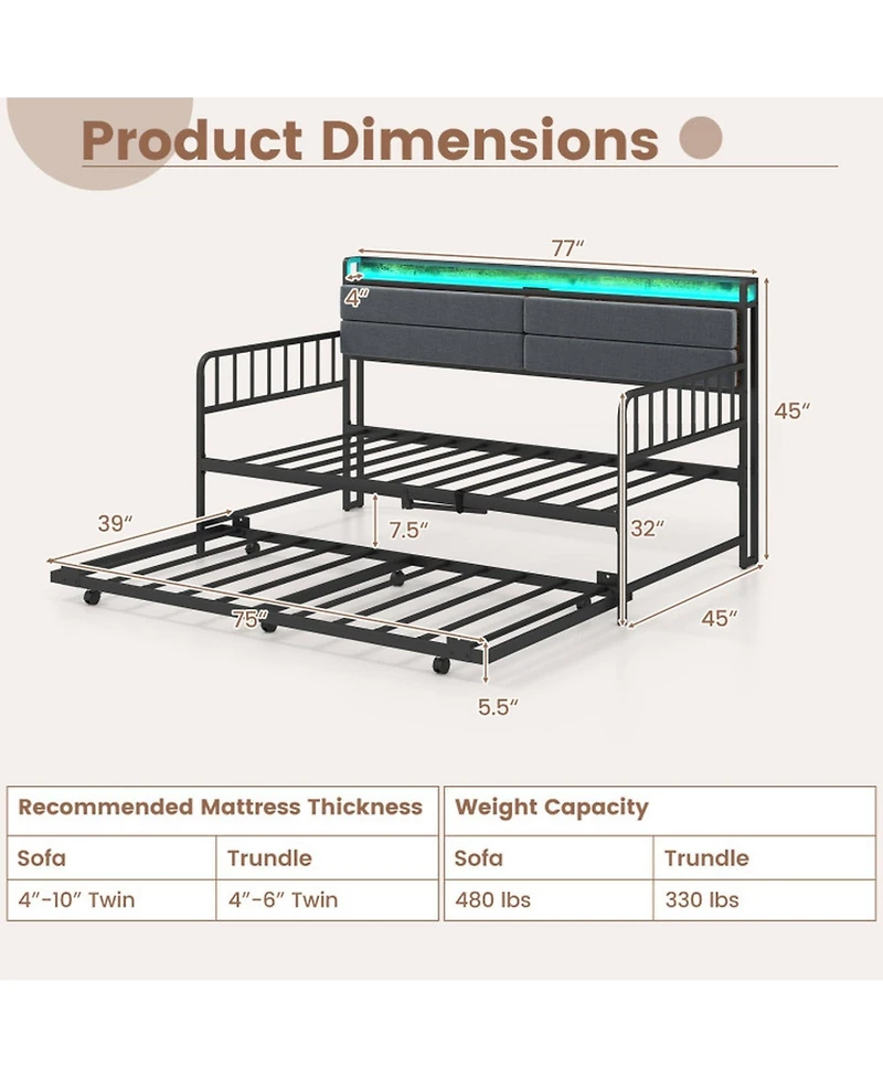 Sugift Twin Size Metal Daybed with Pull-Out Trundle and Upholstered Storage Headboard