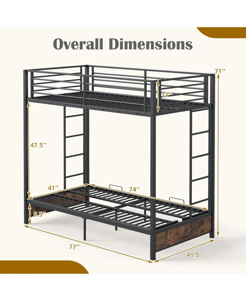 Sugift Twin Size Heavy Duty Metal Bunk Bed with Headboard and Footboard