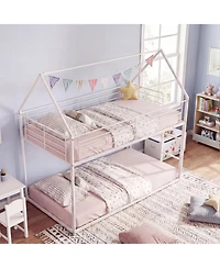 Sugift Twin over Twin House-Shaped Metal Bunk Bed with Roof and Ladder