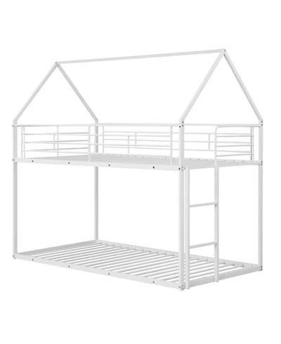 Sugift Twin over Twin House-Shaped Metal Bunk Bed with Roof and Ladder