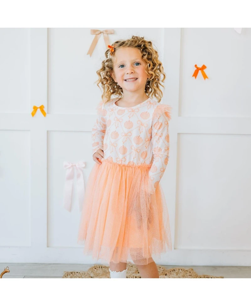 Sweet Wink Toddler Girls Pumpkin Bow Trellis Long Sleeve Tutu Dress