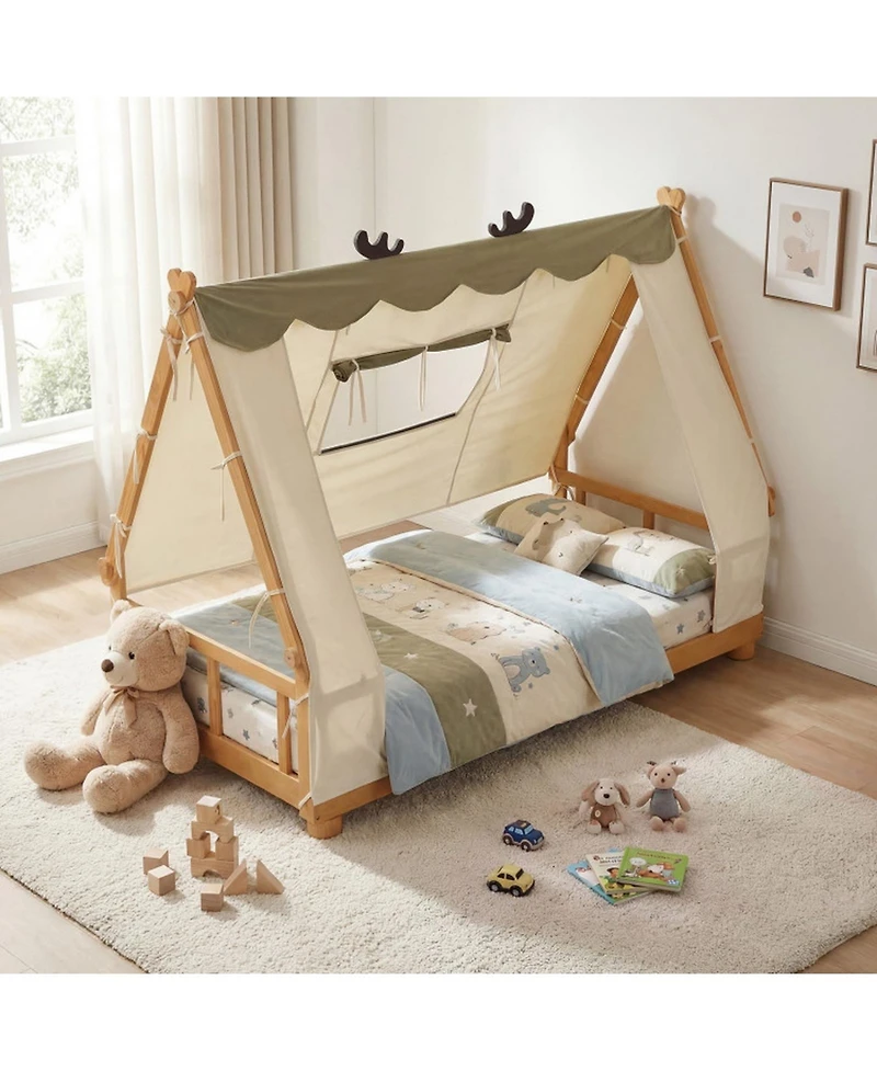 Sugift Twin Size House Floor Wood Bed with Removable Canopy Tent