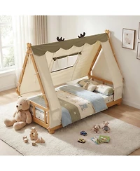 Sugift Twin Size House Floor Wood Bed with Removable Canopy Tent