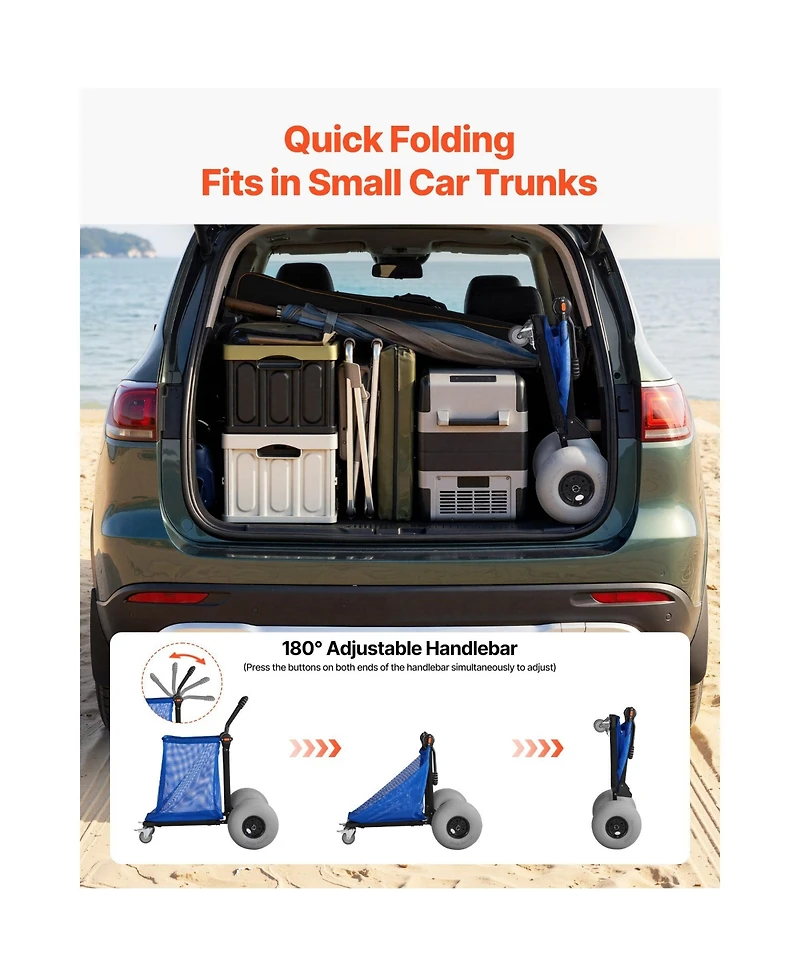 Mountaintop Beach Wagon Cart, 165lb Foldable Utility Wagon with 12" Balloon Sand Wheels, Adjustable Handle & Storage Bag for Camping & Fishing