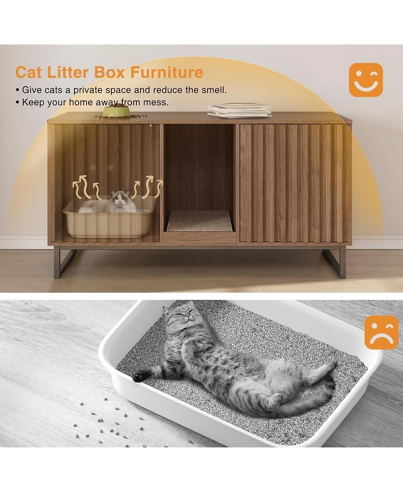Vabches Double Room Large Cat Cabinet, Litter Box Furniture Hidden with Scratch Pad