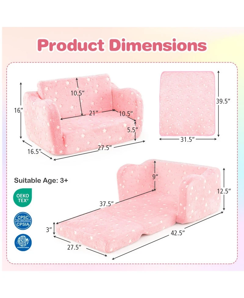 Sugift 2-in-1 Folding Kids Couch with Glow-in-the-Dark Pattern and Matching Blanket