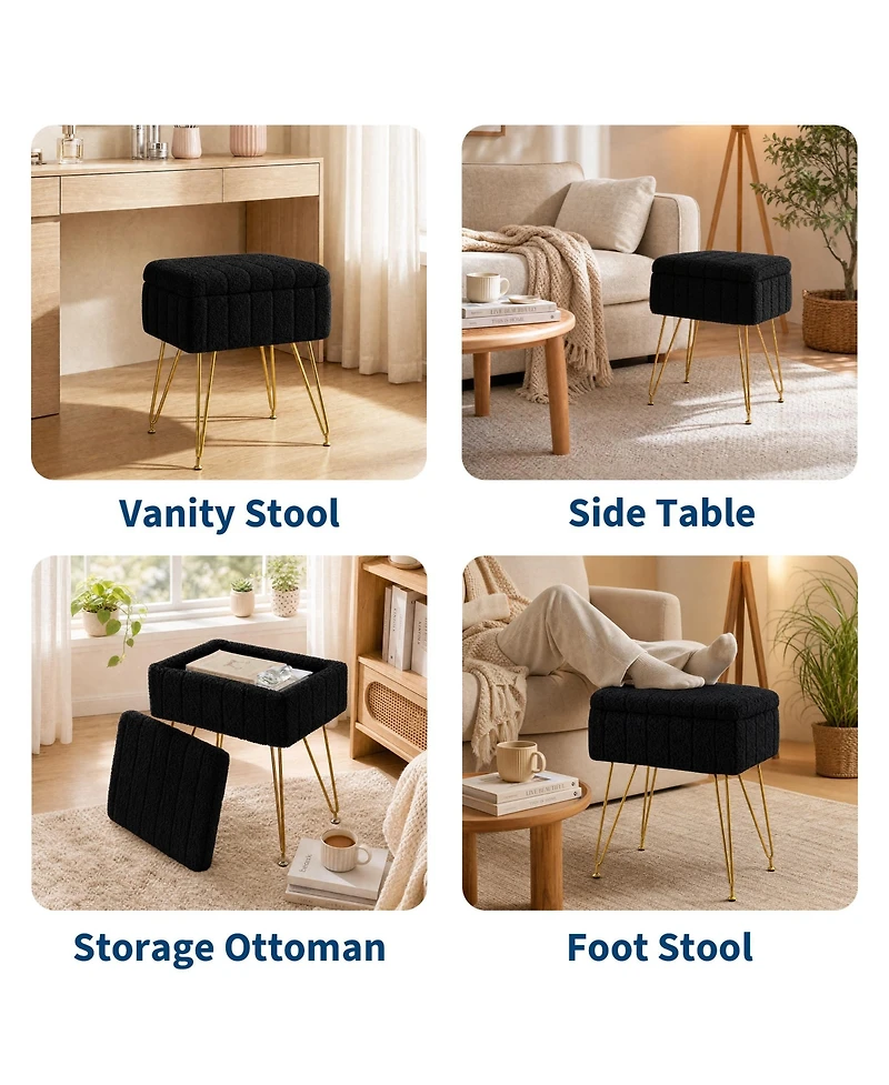 homfan Vanity Stool with Storage – 15.7" Faux Fur Ottoman Metal Legs and Anti-Slip Feet, Soft Padded Seat Foot Rest for Makeup Bedroom