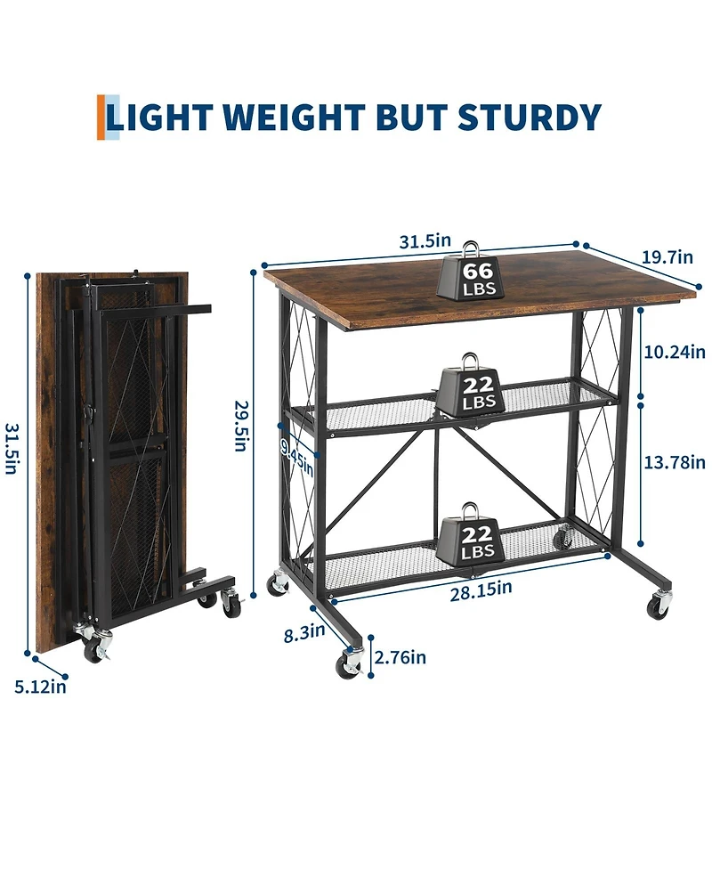 homfan 31.5" 3-Tier Foldable Desk with Wheels – Large Capacity Metal Wire Shelf Rack, No Assembly Organizer for Kitchen and Living Room