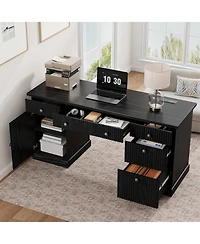 homfan 60" Office Desk – Fluted Wood Executive Desk with File Drawers and Charging Station, Computer Desk for Home Office
