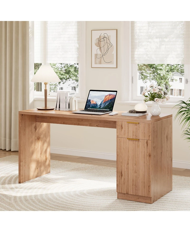 homfan 61" Farmhouse Executive Desk with Power and Usb, Drawers, Fluted Cabinet, Adjustable Shelf