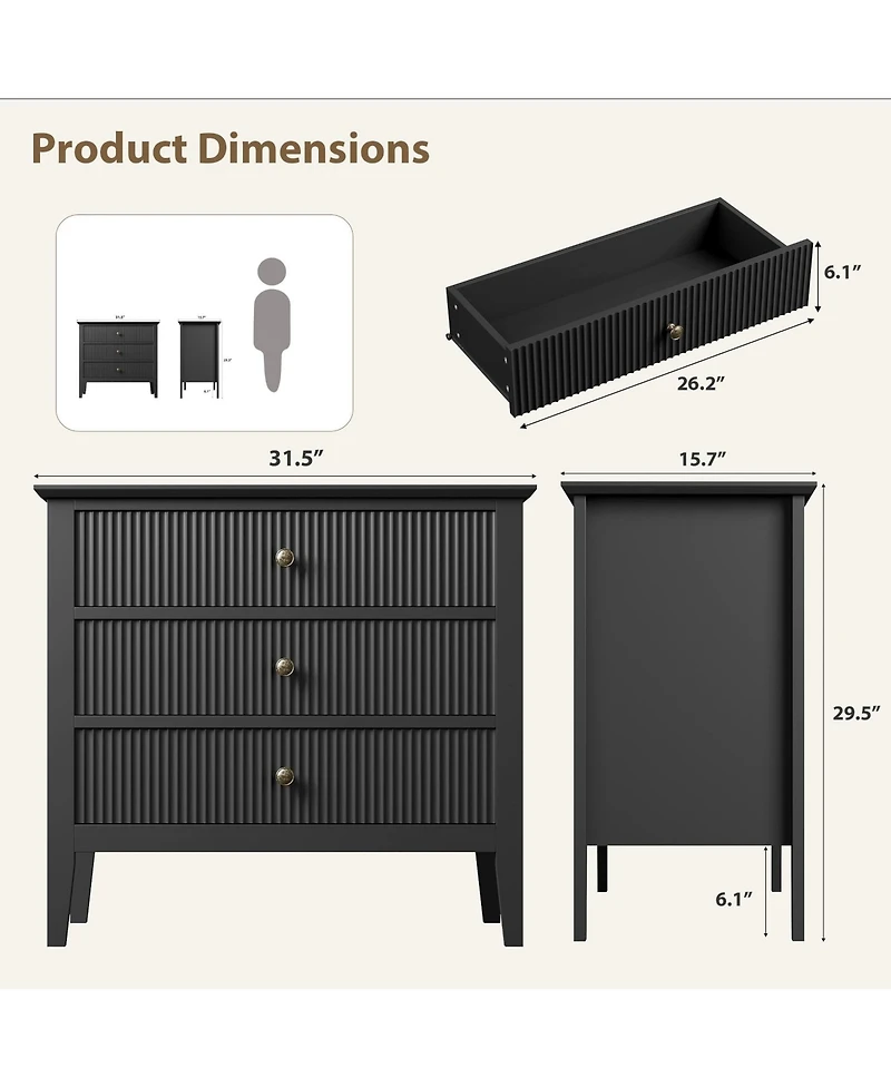 homfan Modern 3-Drawer Storage Chests, Grooved Panel Cabinets with Metallic Pull Handles, Freestanding Storage Furnishings for Bedroom, Living Room