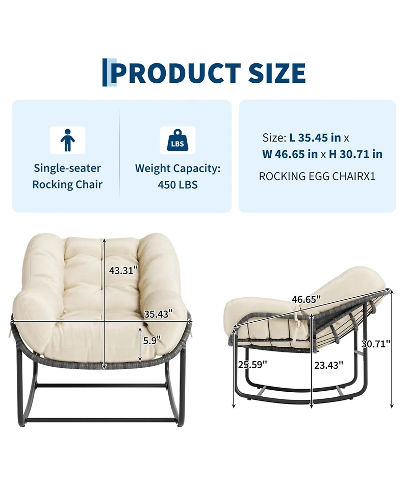 gaomon Set of 2 Patio Rocking Chair Set,Indoor Outdoor Padded Chair,Oversized Papasan Chairs,Wicker Egg Rockers, Lounge for