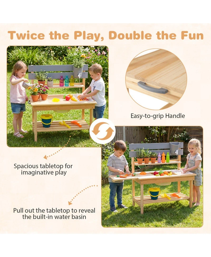 Sugift Outdoor Mud Kitchen with Pullout Tabletop and 2 Sinks, Ages 3+