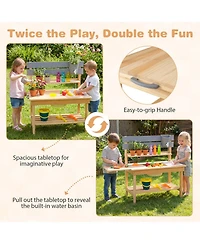 Sugift Outdoor Mud Kitchen with Pullout Tabletop and 2 Sinks, Ages 3+