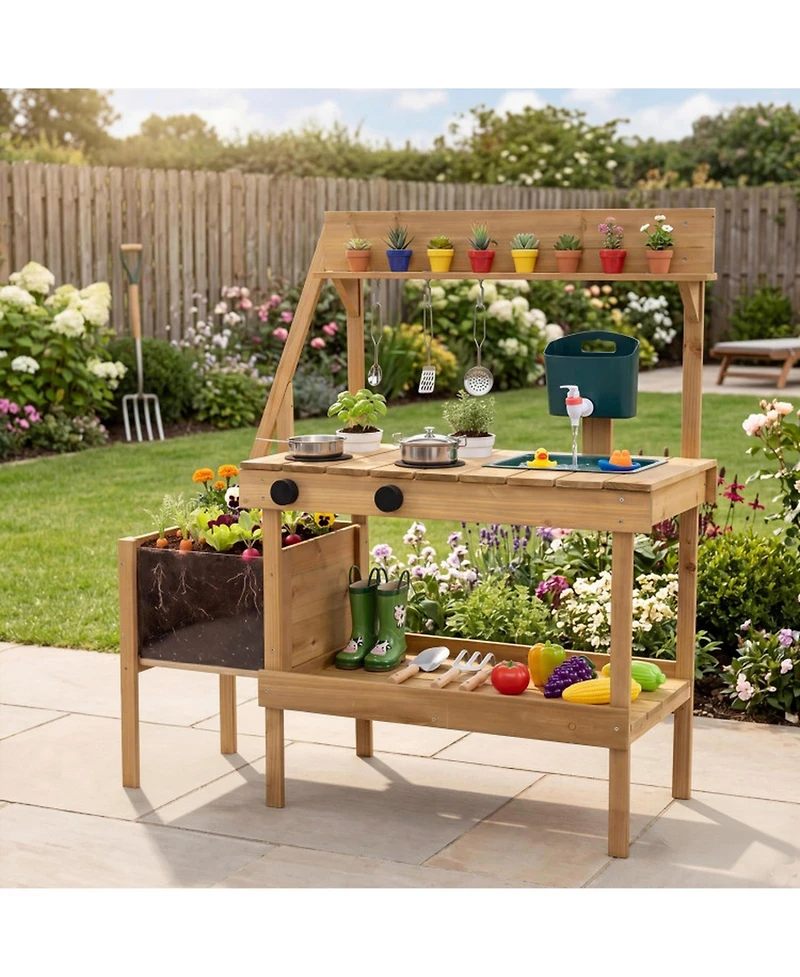 Sugift Wooden Raised Planter Box Mud Play Kitchen with 2 Flowerpots, Ages 3+