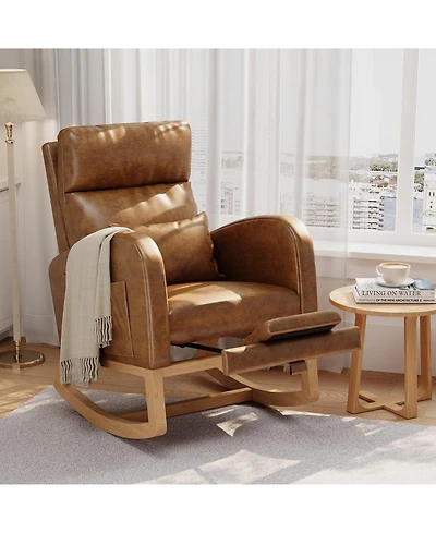 homfan Pu Leather Rocking Chair Modern Nursery Glider Chair with Side Pockets, Pillow Extendable Footrest Upholstered Rocker for Living Room Bedroom