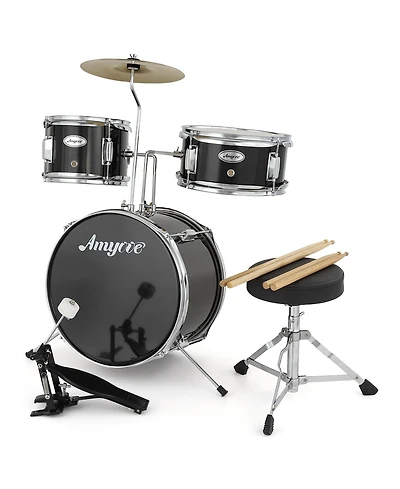 homfan 3-Piece Junior Drum Set for Kids - Complete Percussion Kit with Bass Drum, Tom, Snare, Cymbal, Drumsticks, Pedal and Adjustable Stool