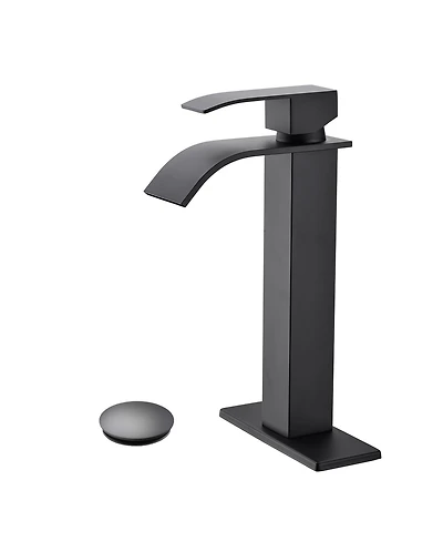 Busdays Waterfall Spout Single Handle Bathroom Sink Faucet with Pop Up Drain No Overflo