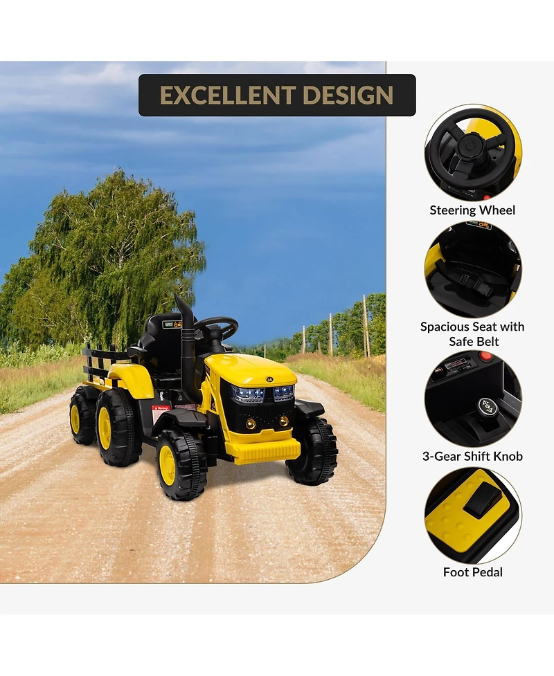 homfan Electric Ride On Tractor with Detachable Garden Trailer, Rechargeable Remote Control, Ages 3-8
