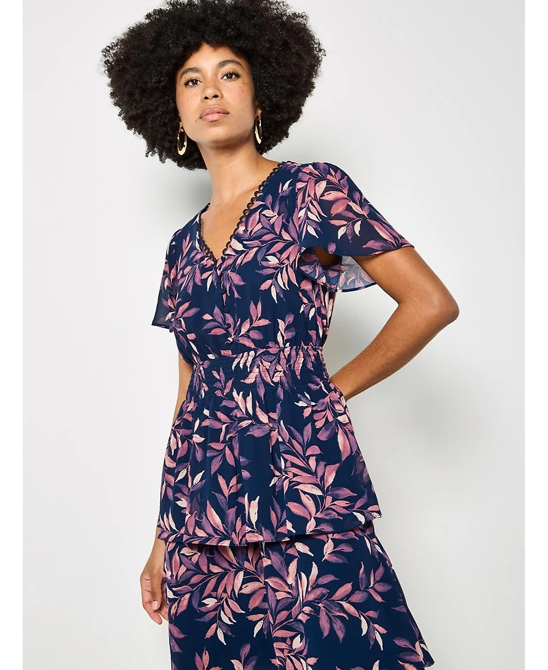 Apricot Women's Tiered Leaf Print Short-Sleeve Dress