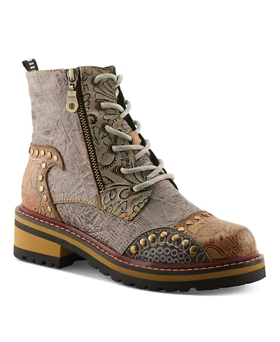 L'Artiste Women's Rugup Hand-Painted Leather Booties with Mixed Textures, Decorative Studs, Lace-Up and Zipper Closure, Faux Fur Lining, Lug Sole
