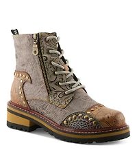 L'Artiste Women's Rugup Hand-Painted Leather Booties with Mixed Textures, Decorative Studs, Lace-Up and Zipper Closure, Faux Fur Lining, Lug Sole