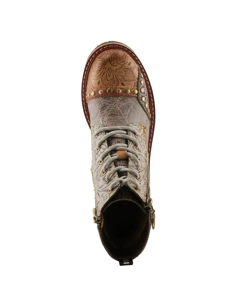 L'Artiste Women's Rugup Hand-Painted Leather Booties with Mixed Textures, Decorative Studs, Lace-Up and Zipper Closure, Faux Fur Lining, Lug Sole