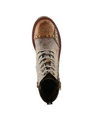 L'Artiste Women's Rugup Hand-Painted Leather Booties with Mixed Textures, Decorative Studs, Lace-Up and Zipper Closure, Faux Fur Lining, Lug Sole