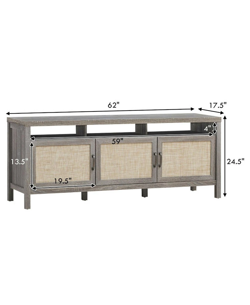 Gouun 62 in Entertainment Media Console with Rattan Doors and Solid Wood Legs for TVs up to 65 inch