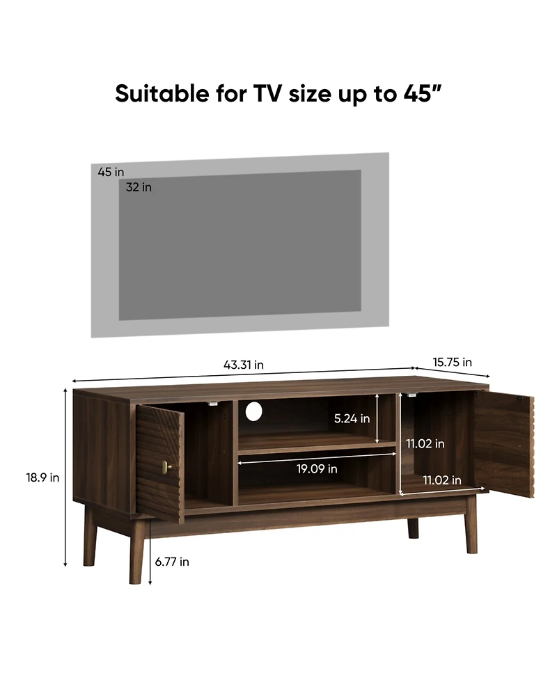 Boyel Living 43.3" Mid-Century Modern Tv Stand for 32-45 Inch TVs, Walnut Entertainment Center with Grille Doors and Storage Media Console Table
