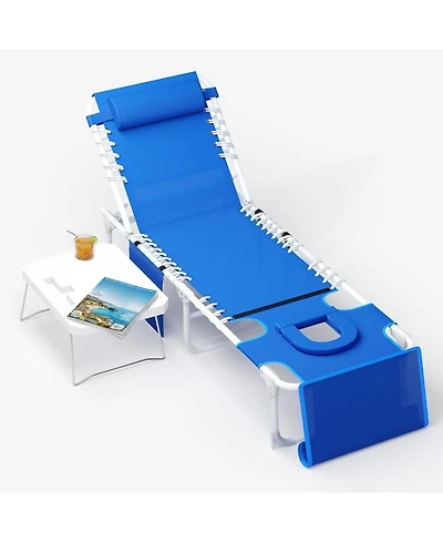homfan Outdoor Patio Lounge Chair 3-in-1 with Face Hole, 5 Reclining Positions, Folding Side Table and Pillow, 330 lbs Capacity for Pool or Beach