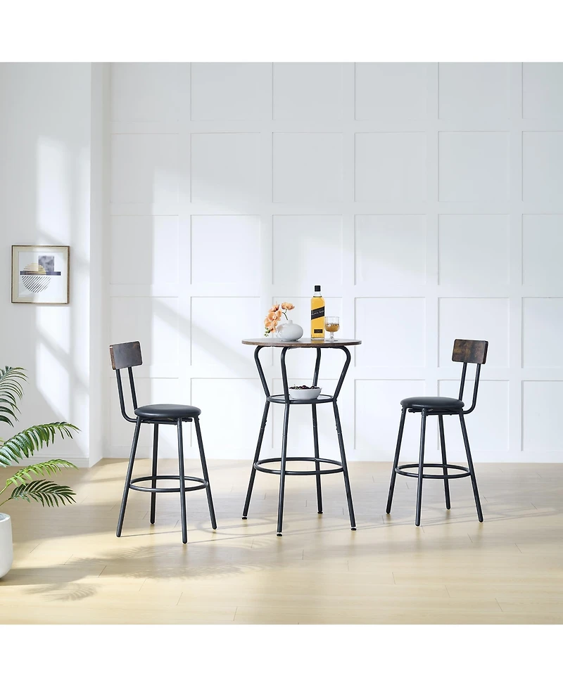 Flynama Round Bar Table Set with Middle Shelf and Upholstered Stools