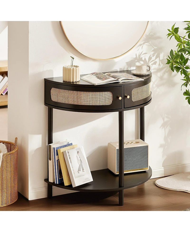 Slickblue Half Circle Console Table with Rattan Door, 2 Drawers, Accent Storage Table for Entryway