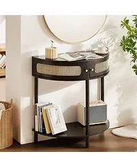 Slickblue Half Circle Console Table with Rattan Door, 2 Drawers, Accent Storage Table for Entryway