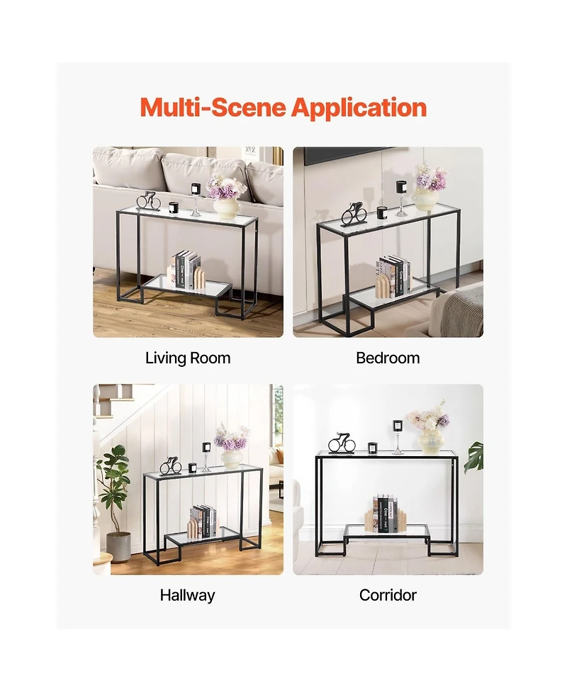 Slickblue 2-Tier Glass Console Table with Tempered Top, Modern Sofa Side Table for Living Room