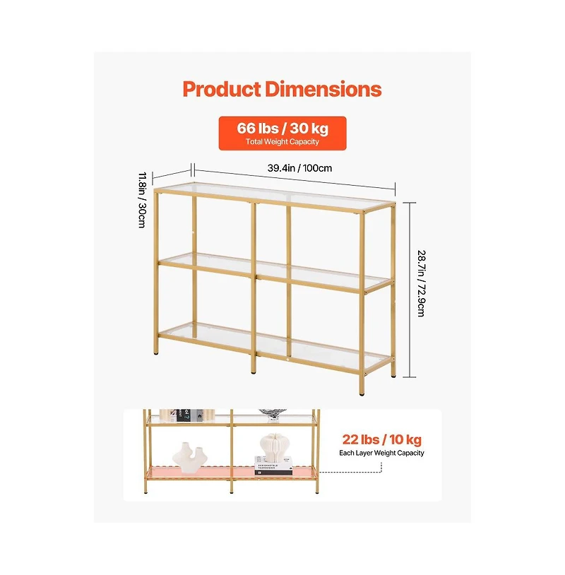 Slickblue Modern Rectangle Console Table with Glass Shelves and Iron Frame, Entryway Sofa Table for Home