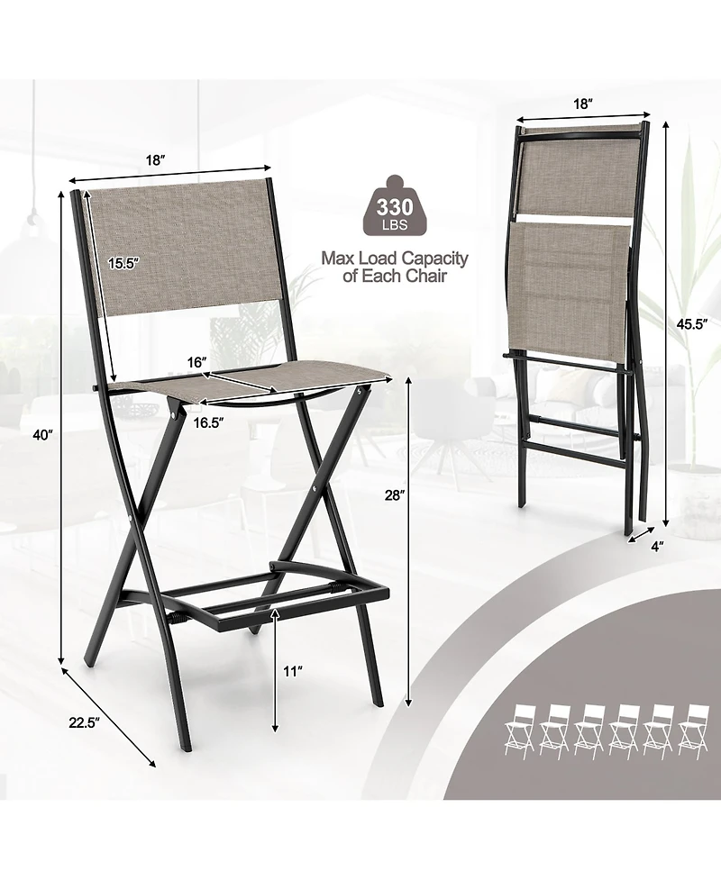 Gymax Set of 6 Folding Bar Stools Patio Sling Chairs with Backrest Humanized Footrest Coffee