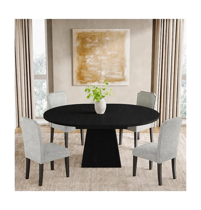 homfan 47"-63" Extendable Round Dining Table for 4-6 - Thickened Top and Square Pedestal Base, Modern (Table Only)