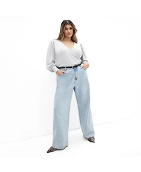 City Chic Plus Glowing Lurex Long-Sleeve V-Neck Faux-Wrap Blouse