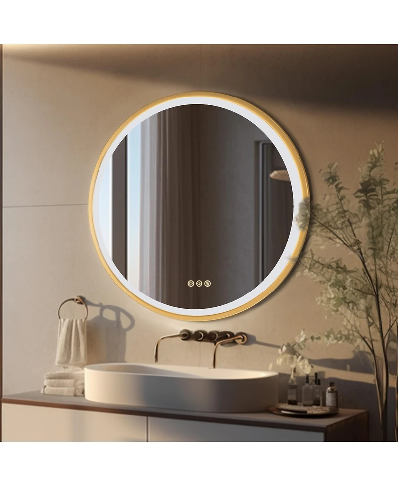 Luvodi 24" Round Metal Framed Lighted Mirror Anti-Fog for Bathroom