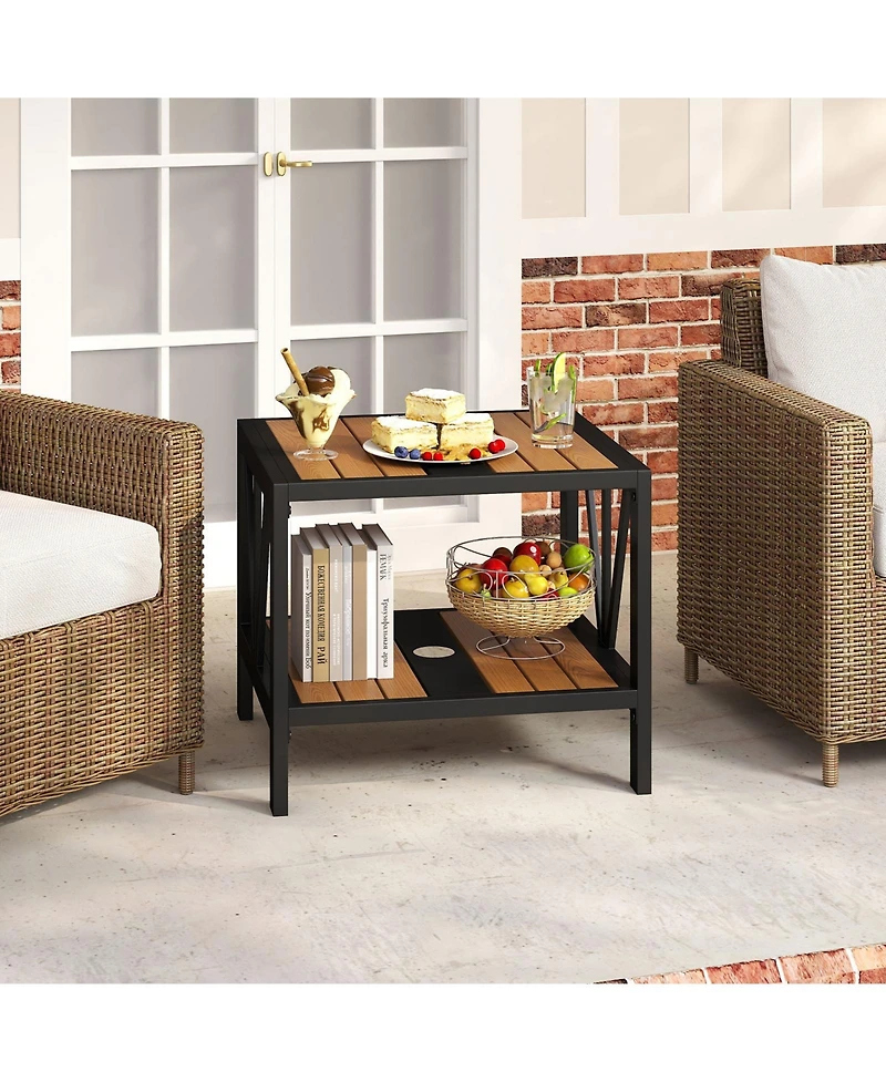 Gymax Outdoor Side Table 2-Tier Coffee End Table w/ 1.57'' Umbrella Hole Storage Shelf