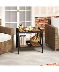 Gymax Outdoor Side Table 2-Tier Coffee End Table w/ 1.57'' Umbrella Hole Storage Shelf